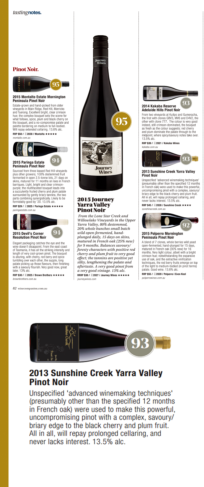 阳光酒庄庄园系列黑比诺2013 荣获《澳大利亚葡萄酒指南》杂志93分