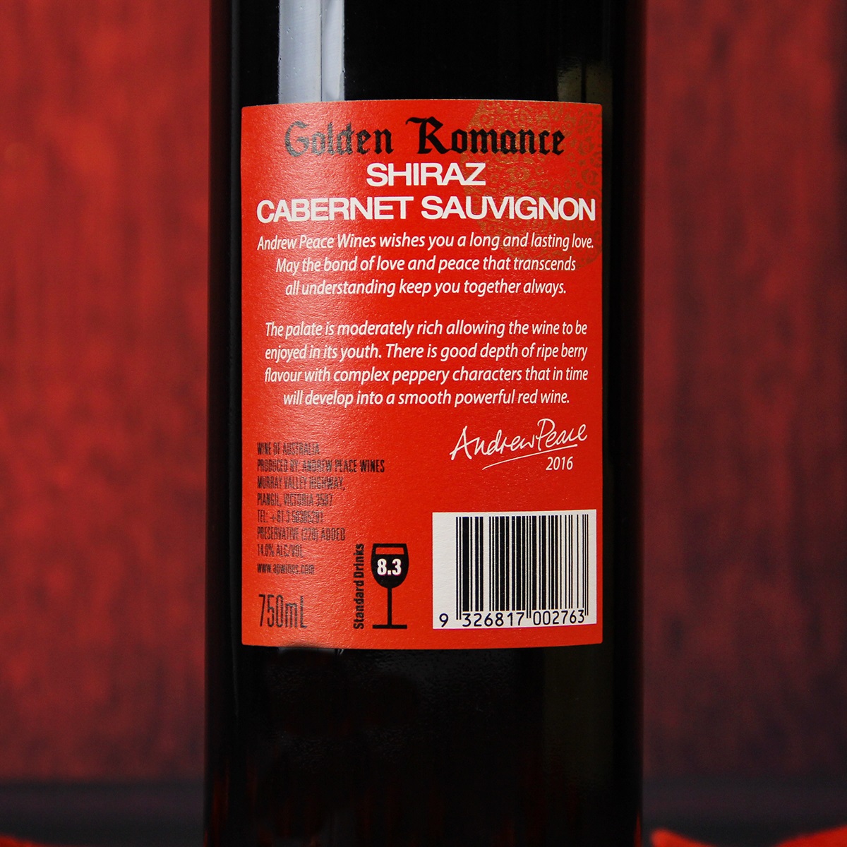 澳大利亚东南澳安德鲁皮士酒庄西拉赤霞珠金色浪漫干红葡萄酒红酒