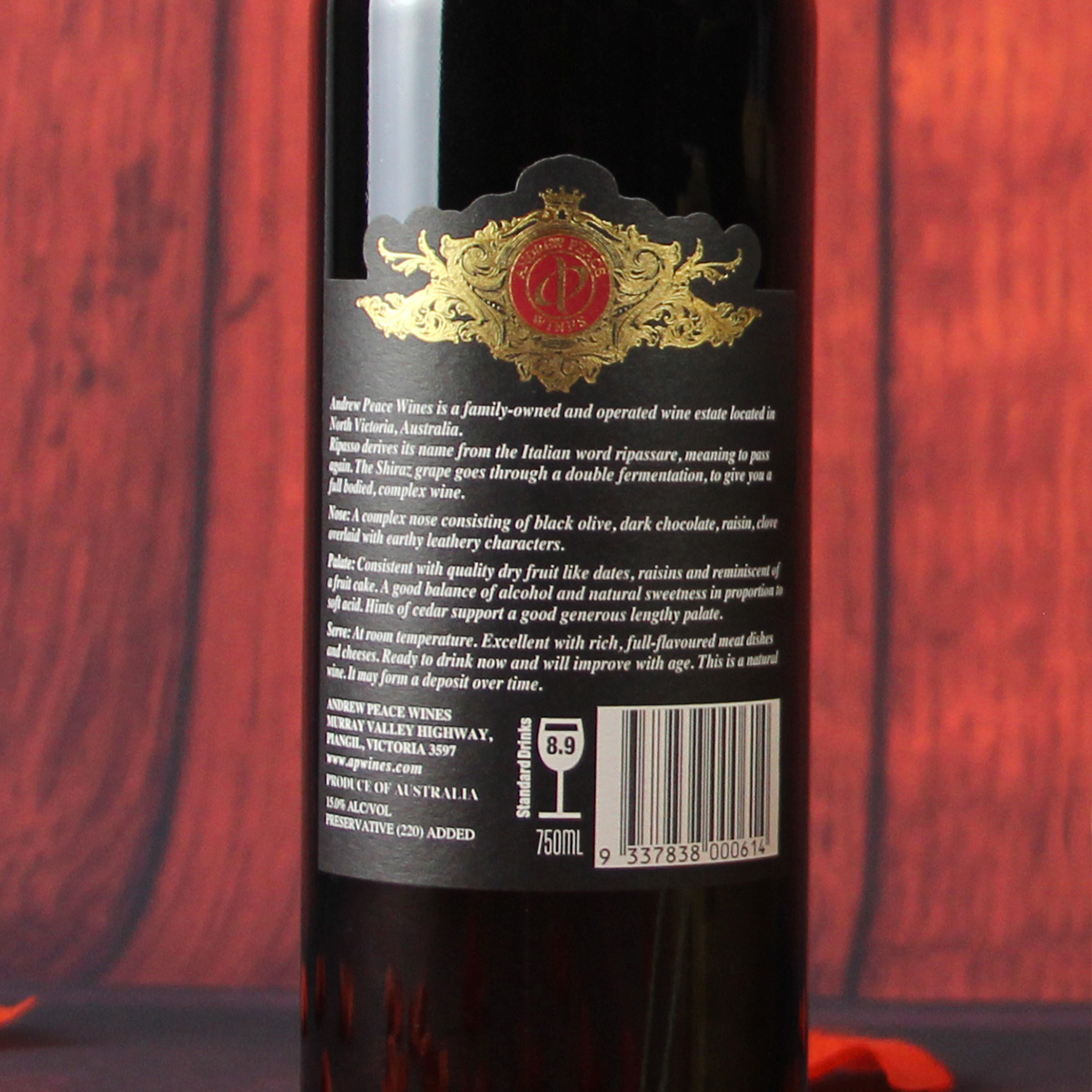 澳大利亚维多利亚安德鲁皮士酒庄西拉子利帕索干红葡萄酒红酒