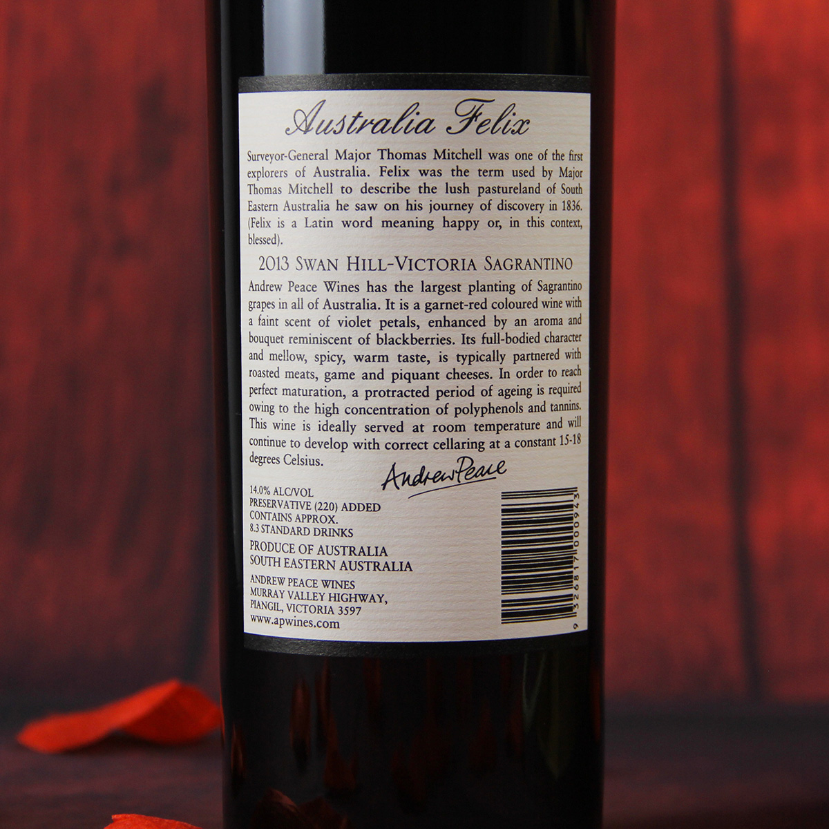 澳大利亚维多利亚安德鲁皮士酒庄菲利斯沙朗提诺干红葡萄酒红酒