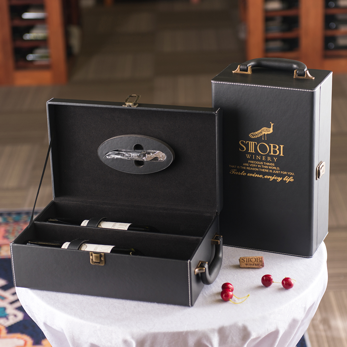 STOBI红酒盒双支葡萄酒包装礼盒手提皮质酒盒酒袋豪华红酒礼盒酒