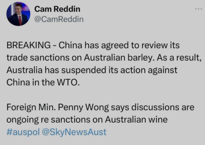 澳洲已經與中國達成協議： 解決針對澳洲大麥出口的貿易障礙并隨后計劃取消針對葡萄酒的關稅制裁！